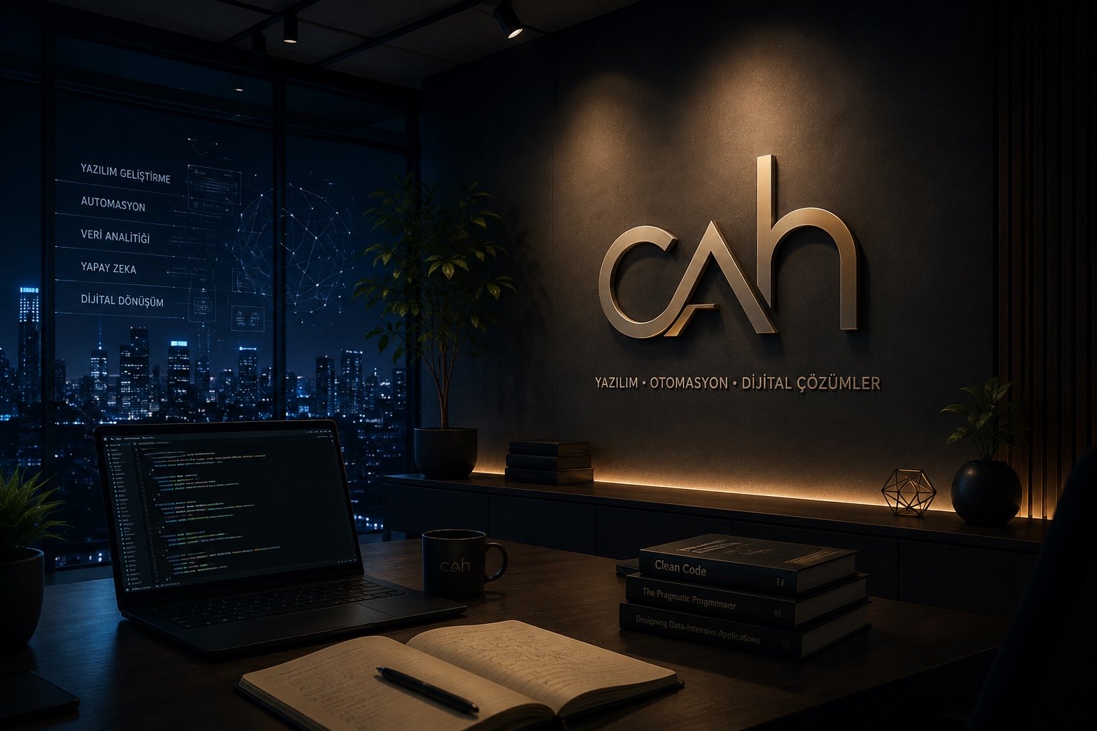 Cah AI ofisi — duvarda Cah logosu, gece şehir manzarasına bakan yazılım geliştirme ortamı
